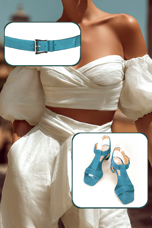 Women's peacock blue elegant fully open instep strap sandals. Square toe. Low flare heels - Top view